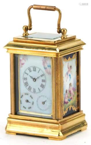 Miniature brass carriage clock with Sevres type panels and R...