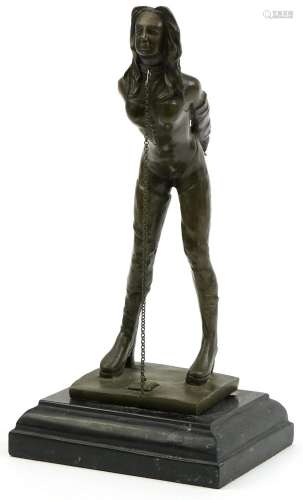 Patinated bronze figure of a dominatrix raised on black slat...