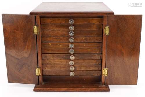 Oak table top ten drawer collectors chest, 25cm H x 24cm W x...
