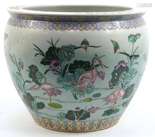 Large Chinese porcelain jardiniere hand painted with ducks a...