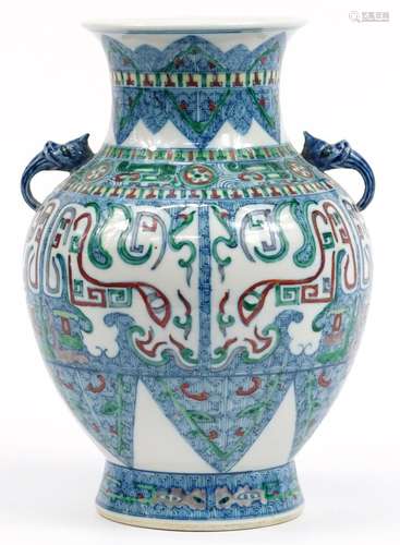 Chinese porcelain archaic style wucai vase with animalia twi...