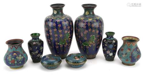 Three pairs of Japanese cloisonne vases and a pair of cloiso...