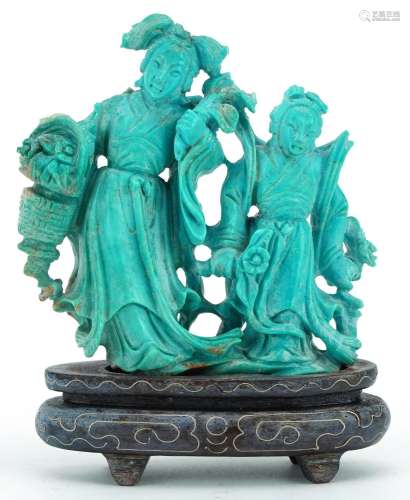 Chinese turquoise carving of two females raised on a hardwoo...