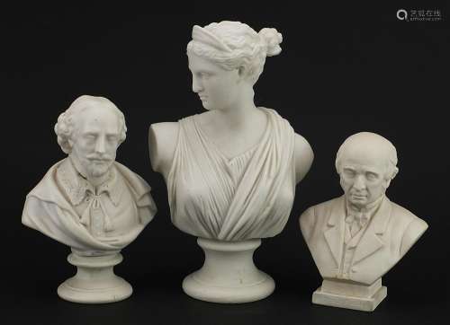 Three parian ware busts comprising Shakespeare by James and ...