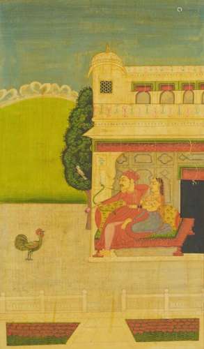 Two figures and a chicken before a palace setting, Indian Mu...