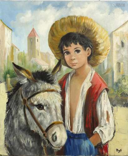 Child and donkey before a town, oil on canvas, unframed, 60c...