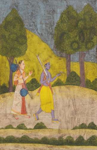 Figure with an attendant before a landscape, Indian Mughal s...