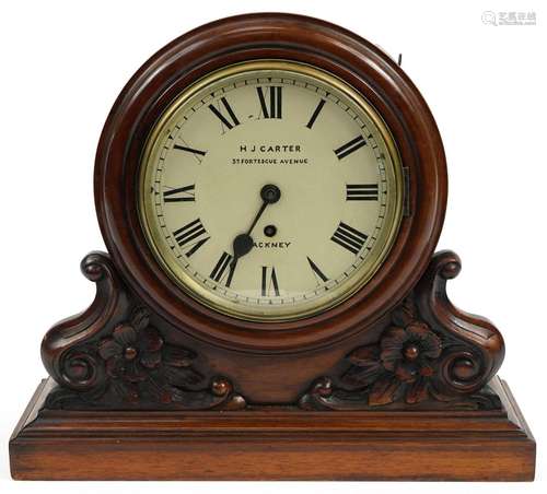 Victorian mahogany fusee mantle clock carved with flowers, t...