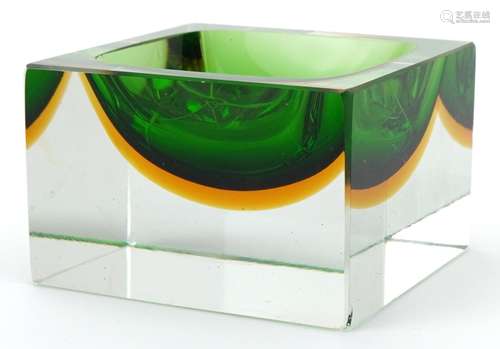 Murano Sommerso two colour glass cube dish, 9.5cm wide