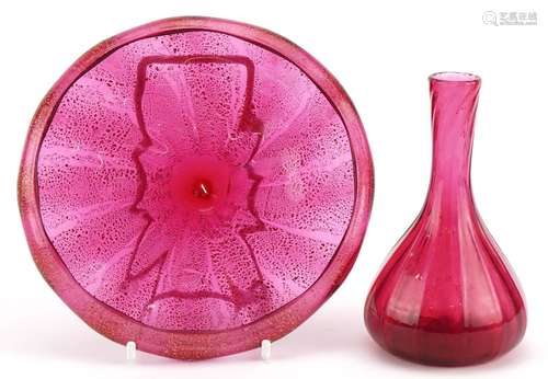 Murano gold flecked cranberry glass dish and a vase, the lar...