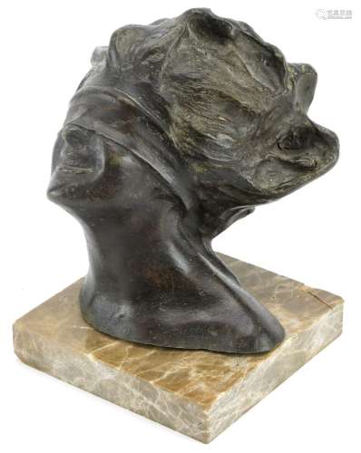 Patinated bronze bust of a blindfolded female raised on a sq...