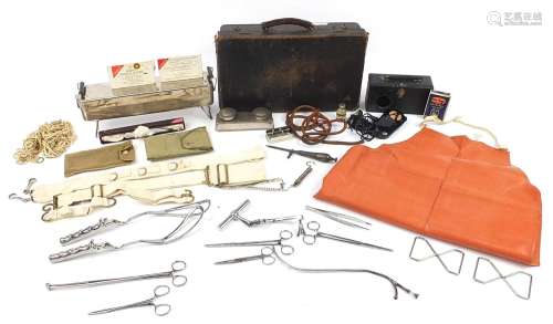 Vintage doctors case with contents including stainless steel...