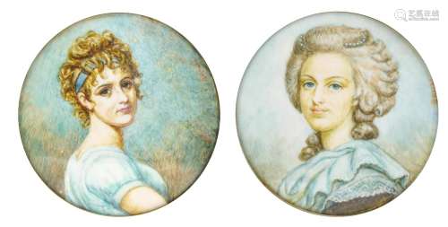 Pair of circular hand painted portrait miniatures of young f...