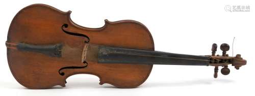 Old wooden violin with scrolled neck, the violin back 14 inc...