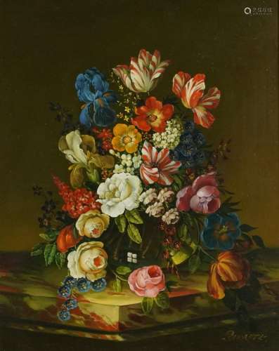 Wenzel Adam Rudorfer - Still life flowers on marble top, Old...