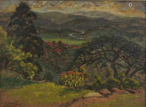 Stanley Colborn - Landscape with houses before mountains, pa...