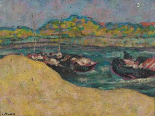 River landscape with fishing boats, continental school oil o...