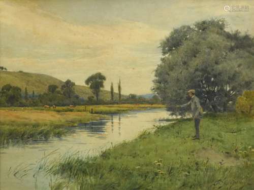 J C Halfpenny - Gentleman fly fishing beside a river, 19th c...