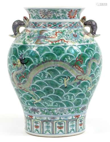 Large Chinese doucai porcelain vase with twin animalia handl...