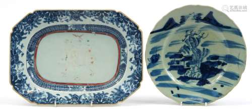 Chinese blue and white porcelain platter hand painted with a...