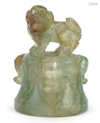 Chinese fluorite carving of an Archaic style bell with foo d...