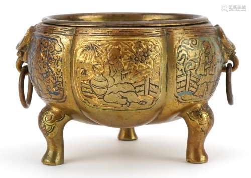 Chinese brass censer with ring turned animalia handles, deco...