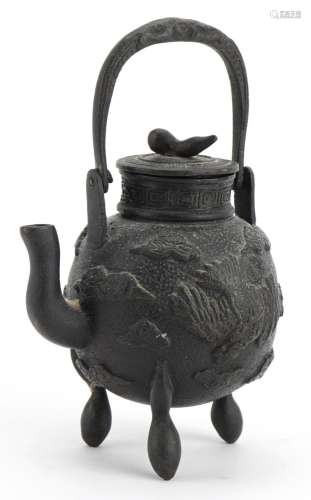 Miniature Asian three footed patinated bronze teapot cast wi...