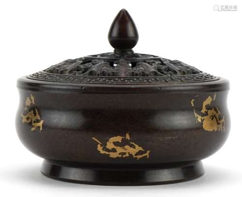 Chinese gold splashed bronze censer with pierced lid, the pi...