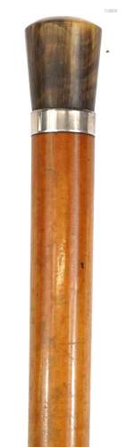 Malacca walking cane with horn handle and silver collar, Lon...