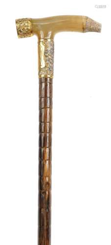 Bamboo walking stick with horn handle and gilt metal mounts,...