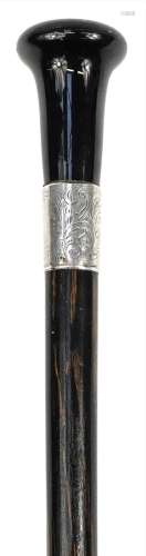 Wooden walking stick with ebonised handle and silver collar ...
