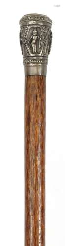 Wooden walking stick with Indian unmarked silver handle embo...