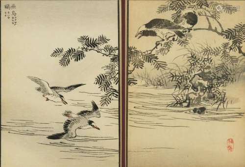 Kono Naotoyo Bairei - Birds in flight and birds above water,...