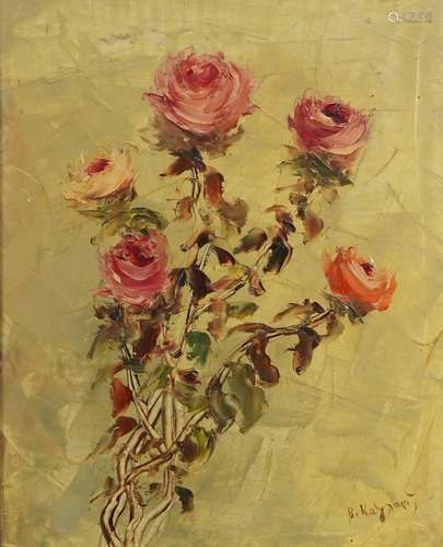 Still life roses, Greek school oil on board, stamp verso, mo...