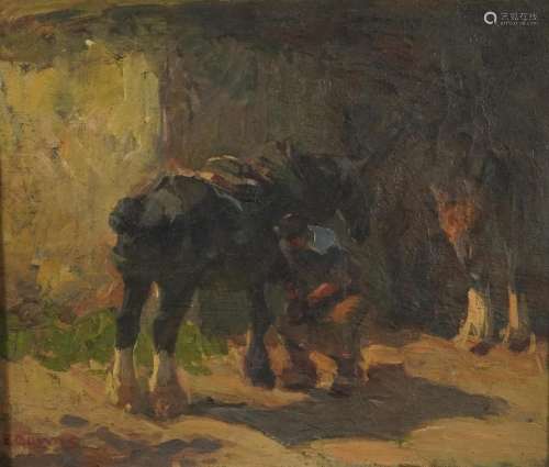 Edgar Downs - Farrier and workhorses, 20th century British o...