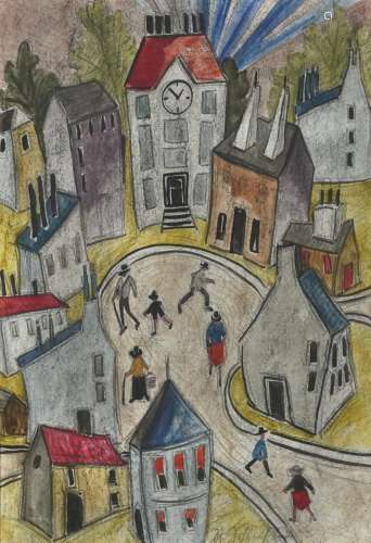 Street scene with figures walking about before buildings, mi...