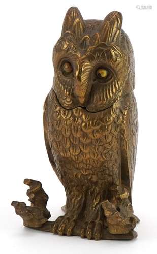 Victorian bronze inkwell in the form of an owl with beaded e...