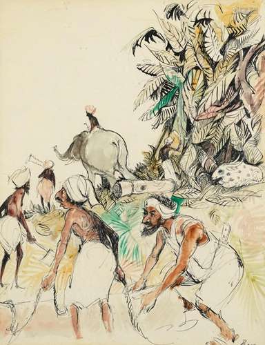 Figures clearing trees before an elephant, Middle Eastern in...