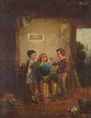 Three children in an interior, antique Dutch oil on canvas, ...