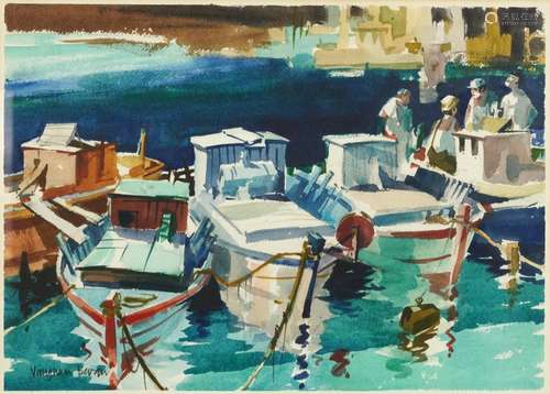 Vaughan Gwilliam Bevan - Fishing boats, Greece, watercolour,...