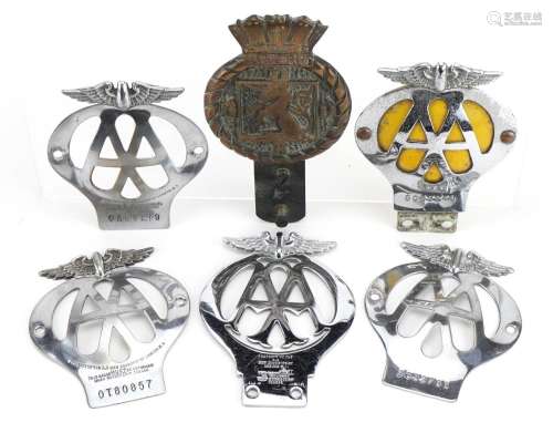 Five vintage and later AA car radiator badges and a bronze S...