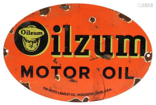 Enamel Oilzum Motor Oil oval advertising sign, 30cm x 20cm