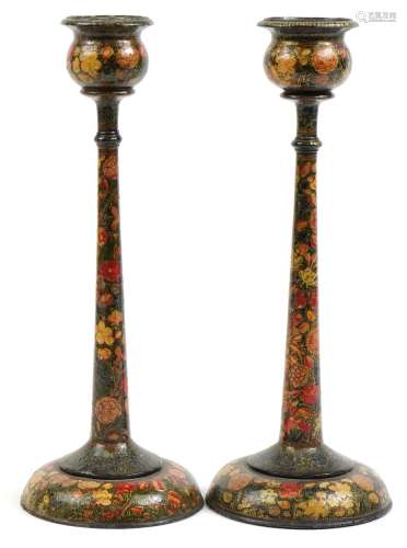 Pair of Indian Kashmiri lacquered candlesticks hand painted ...