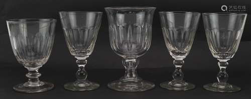 Five 19th century glasses with facetted bowls, the largest 1...