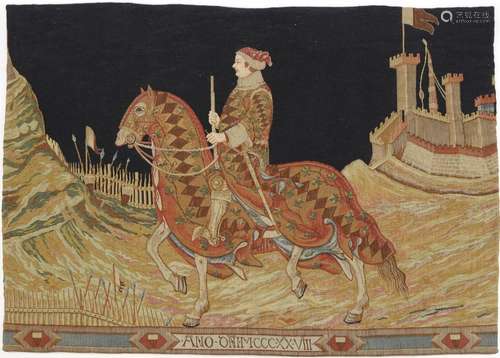 Woven tapestry depicting the knight of Siena horseback, 133c...