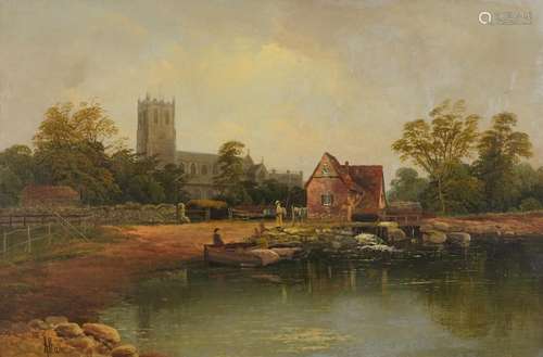 Richard Allam - Figures beside a lake before a cathedral, 19...