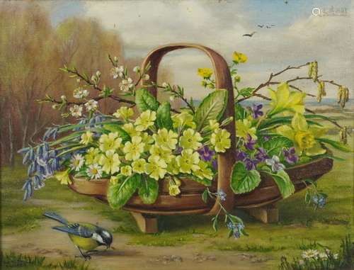 Constance Cooper - Bird before flowers in a trug basket, oil...