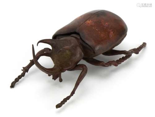 Japanese patinate bronze beetle with opening back, 12cm in l...