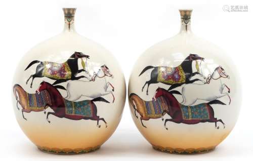 Large pair of globular porcelain vases decorated with horses...