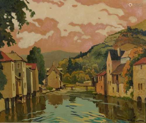 Town scene before mountains, early 20th century French schoo...